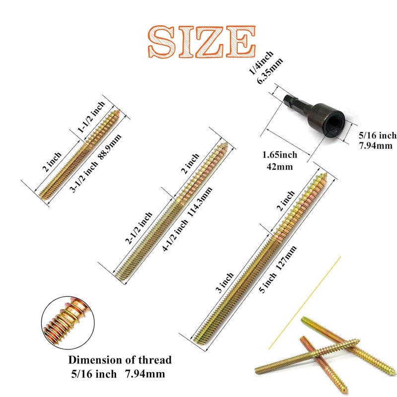 Matrelt 15 Pack 5/16-18" Hanger Bolts 3 Long Sizes Include1 pcs Hanger Bolt Driver Double Headed Bolts Wood Dowel Screw Self-Tapping Screw Hanger Bolt for Furniture Double Threaded Rods - Image 2